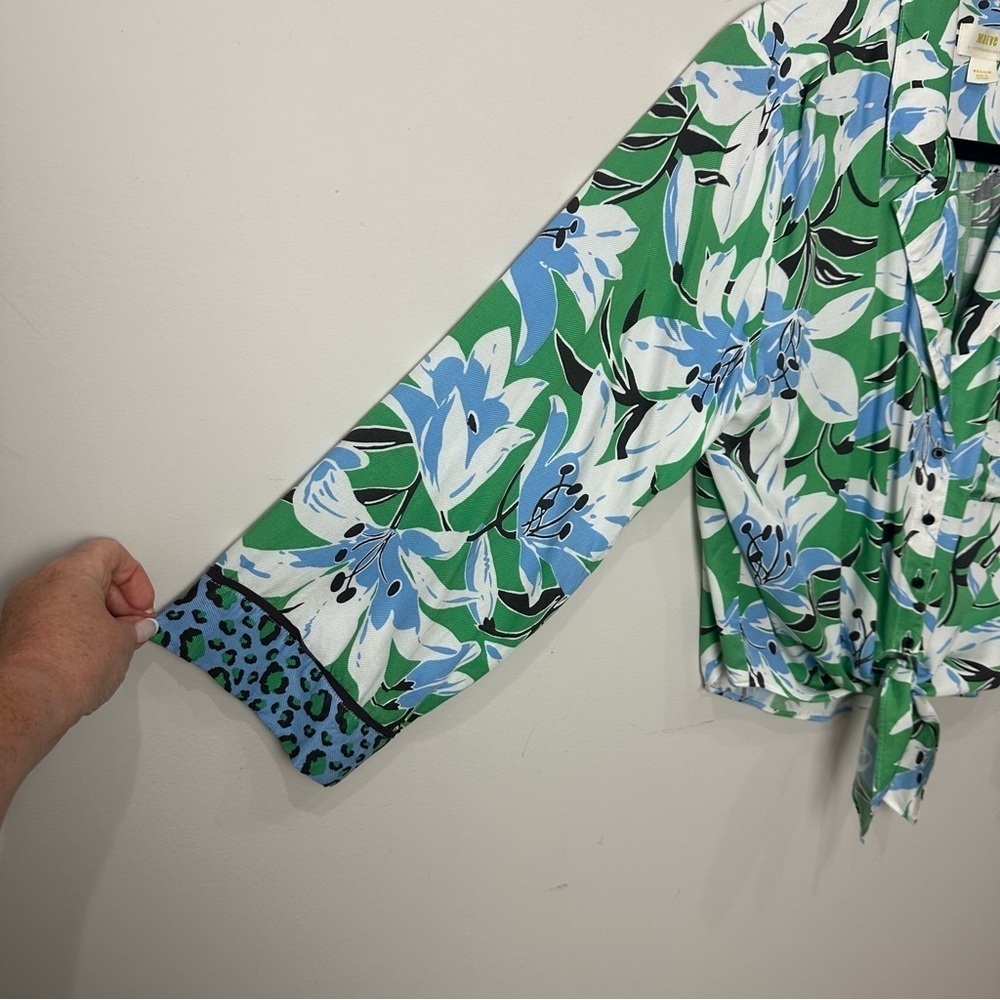 Anthropologie Maeve Matching Set Shirt Pants Floral Animal Print Green Blue - Picture 6 of 12